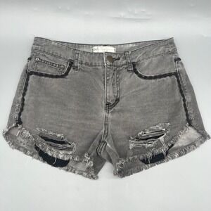Free People Denim Short‎ Shorts 25 Black Wash Distressed Cut-Off Micro Mini Lace